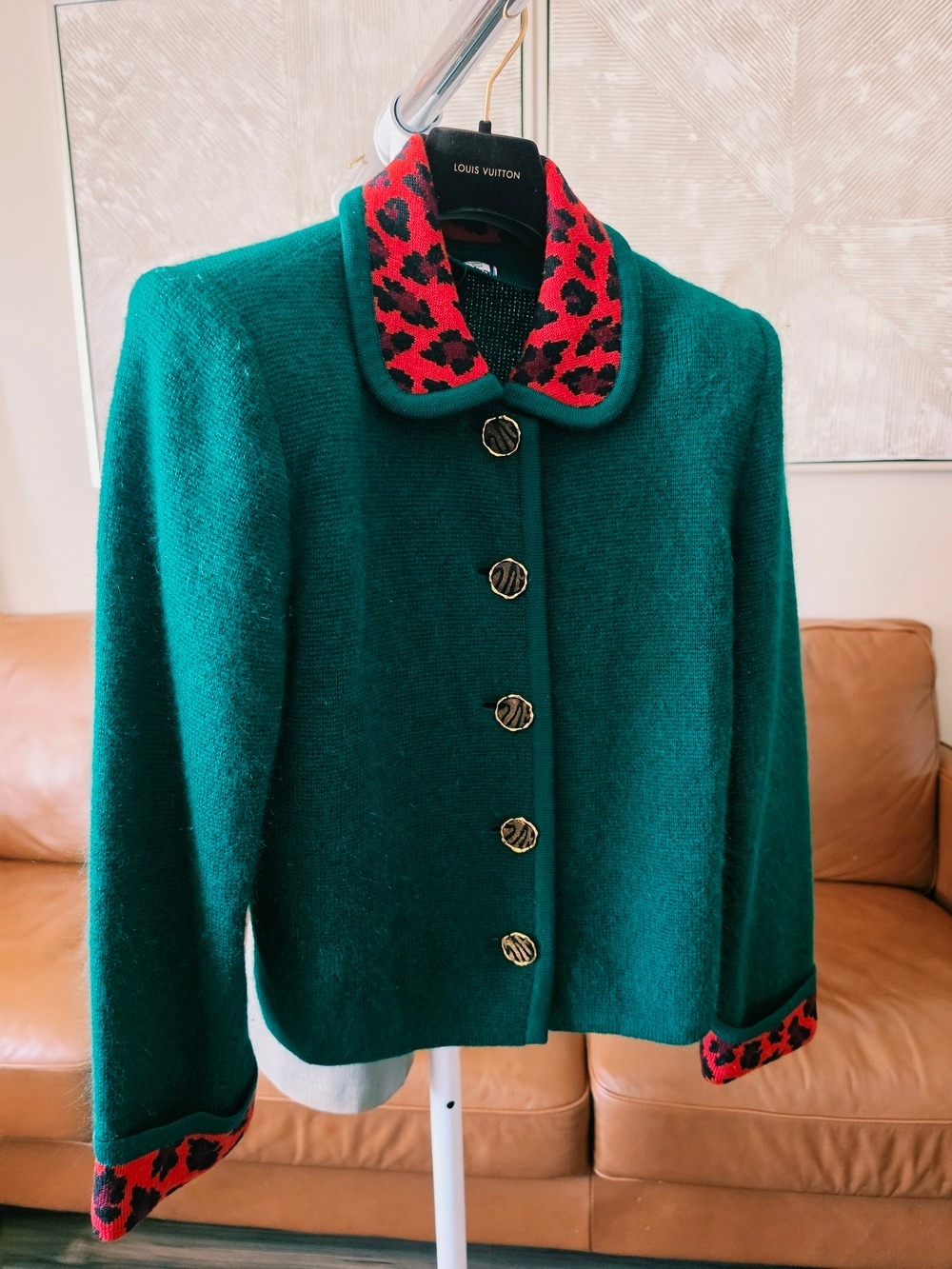 YSL Vintage Green Mohair Leopard Knit Jacket  Cardi Size Medium Vault Exclusive